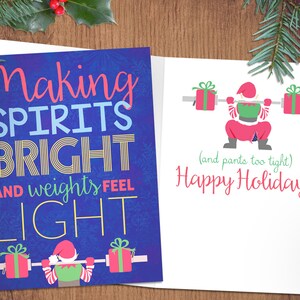 Crossfit Christmas Cards - Making Spirits Bright and Weights Too Light - Fitness Weightlifting Holiday Greeting Card
