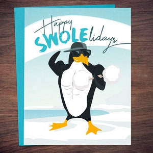 Cartão de Natal Happy Swole-lidays Penguin Holiday - Cartão de felicitações de Natal para presente de levantamento de peso fitness