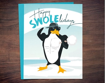 Happy Swole-lidays Penguin Christmas Card: Fitness Gift