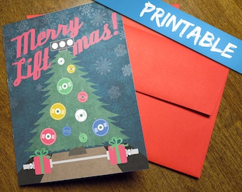 May include: A Christmas card with a green Christmas tree decorated with weight plates instead of ornaments. The tree is on a barbell with weights on each end. The card says "Merry Liftmas!" in red and white letters.