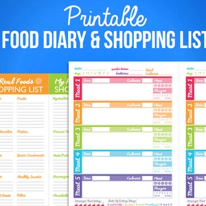 Printable Food Journal Diet Diary Calorie Counter Colorful Digital A5 / Half Letter PDF Designs & Shopping List