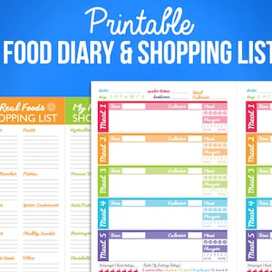 Printable Food Journal Diet Diary Calorie Counter Colorful Digital A5 / Half Letter PDF Designs & Shopping List