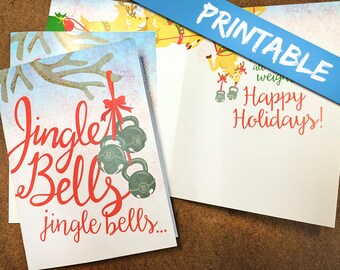 Fitness Kettlebell Christmas Card - Jingle Bells, Jingle All the Weights! - Print Your Own Digital PDF - Gym Gift - Kettle Bell