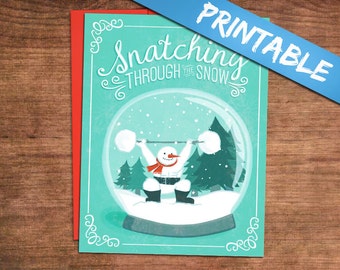 Printable Weightlifting Christmas Cards - Digital PDF Print Your Own! Snatching Snowman Holiday Greeting Card