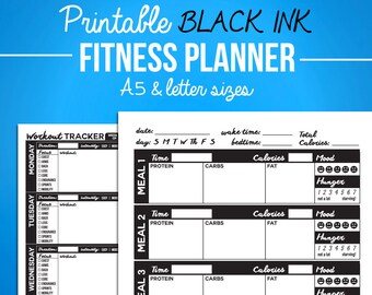 Black Fitness Journal: Printable Workout & Diet Tracker (A5 + Letter)