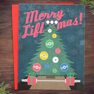 Tarjetas navideñas de levantamiento de pesas, paquete de 5 o 10; adorno de plataforma para crossfit Merry Liftmas; tarjeta de felicitación navideña de levantamiento de pesas con barra de fitness