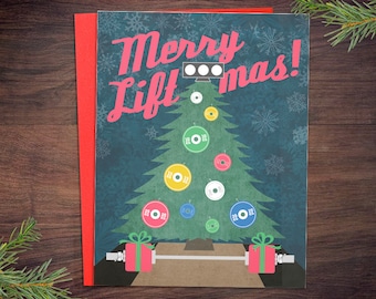 Weightlifting Christmas Cards 5 or 10-Pack - Merry Liftmas Platform Crossfit Ornament - Fitness Barbell Powerlifting Holiday Greeting Card