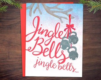 Fitness Jingle Bells Kettlebell Holiday Christmas Card - CrossFit Weightlifting Gift Holiday Greeting Card
