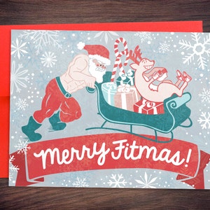 Von Hyrox inspirierte Weihnachtskarten - Merry Fitmas Santa Sled Push - Fitness Gewichtheben Geschenk Urlaub Grußkarte - Gym Geschenk