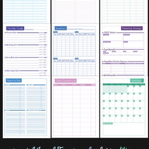 May include: A printable planner with pages for passwords, project ideas, inventory, client contact list, monthly goals, need to do lists, revenues and expenses, SWOT analysis, marketing strategy, and a calendar for January. The planner has a jewel tone colour scheme with purple, blue, and green.