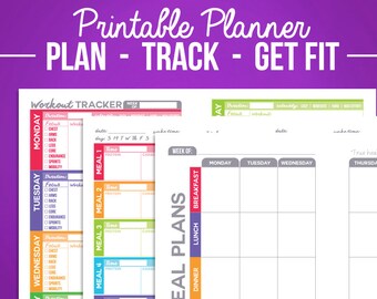 Printable Fitness Planner Nutrition Tracker Bundle - Weight Loss, Weekly Workout Logs, Meal Planning Calendar, Digital PDF Pages