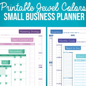 May include: Printable small business planner with pages for marketing strategy, client contact list, monthly goals, inventory, and need to do lists. The planner also includes a July and December calendar.