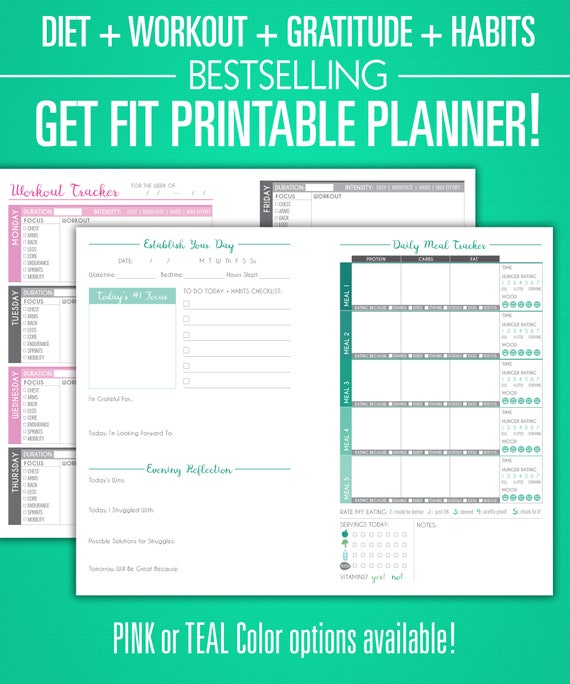 Printable Fitness Planner Nutrition Workout Gratitude Bundle A5 Sizes Digital Pdf Diet Weight Loss Habits Exercise Journal Diary