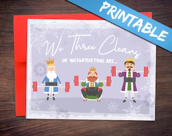 May include: A Christmas card with a purple, blue, and green illustration of three kings lifting weights. The text reads "We Three Cleans of Weightlifting Are..."
