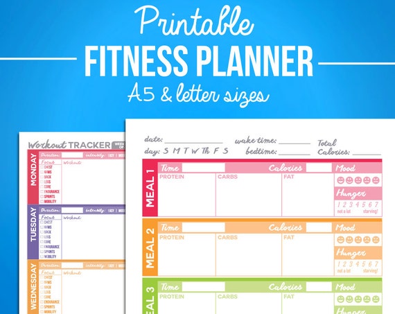 Printable Fitness Planner Nutrition Workout Bundle A5 And Letter Sizes Digital Pdf Diet Weight Loss Exercise Journal Diary