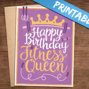 Cartão de felicitações para impressão de feliz aniversário Fitness Queen - Imprima seu próprio cartão de aniversário Crossfit em PDF para mulheres, mulheres, namorada, esposa