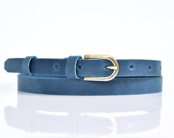 Leather belt women, Belts for women, Skinny belt, Blue leather belt, Women belt, Blue belt