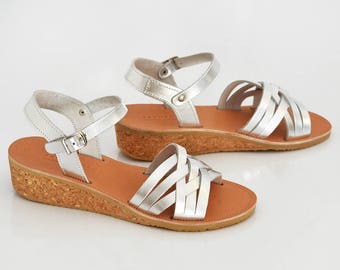 Leather wedge sandals, Leather sandals women, Silver sandals, Anatomic sandals, Anatomic shoes women