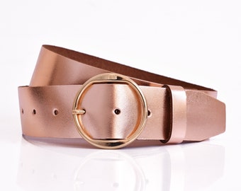 Handmade Leather Belt: Rose Gold, Round Buckle, Genuine Cowhide