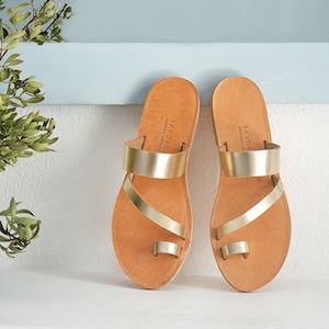 May include: A pair of tan leather sandals with gold metallic straps. The sandals have a toe loop and a strap across the top of the foot. The sandals are displayed on a white surface with a green plant and a light blue accent in the background.