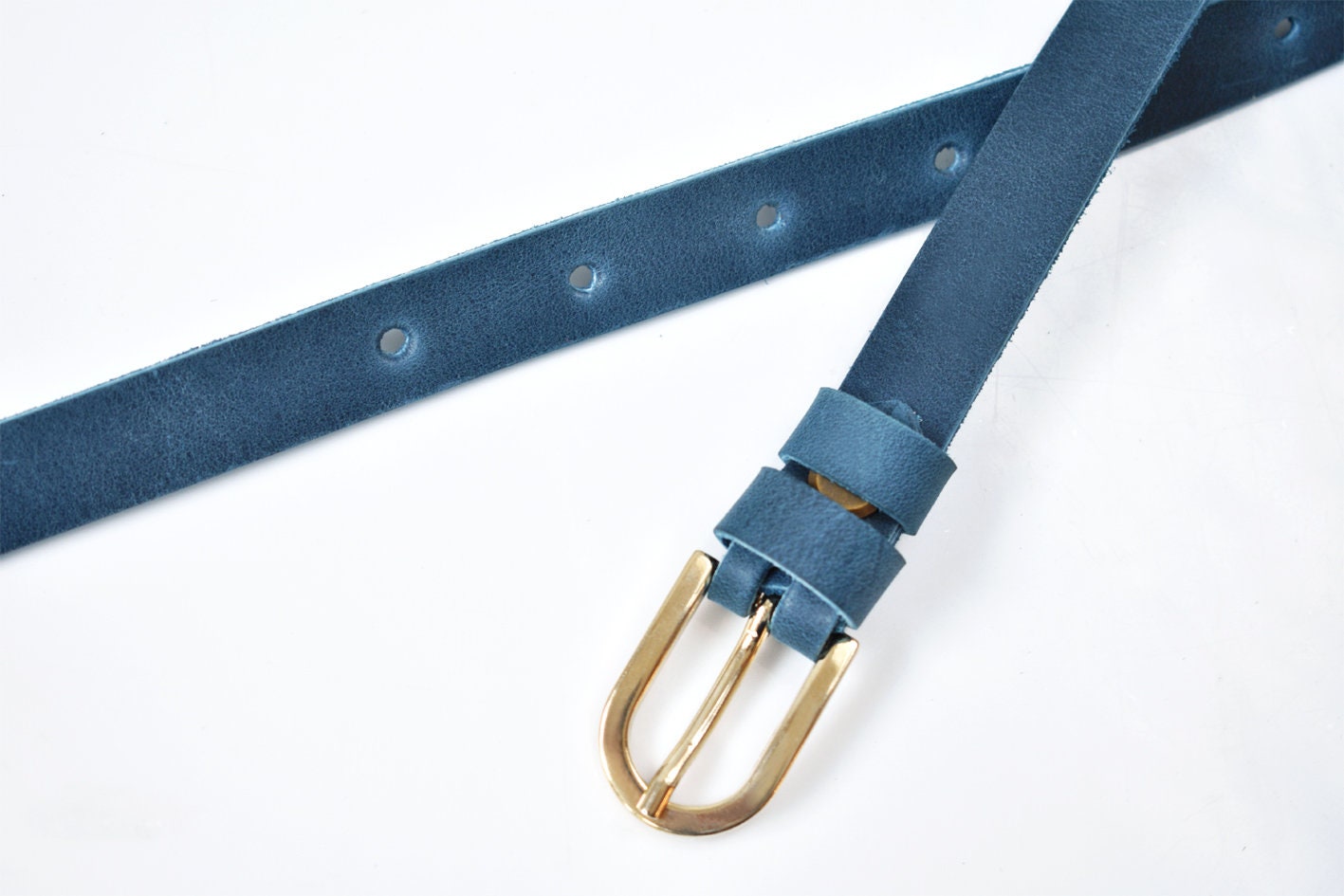 Women's Skinny Gold Buckle Leather Jeans Belt-Cobalt Blue 90