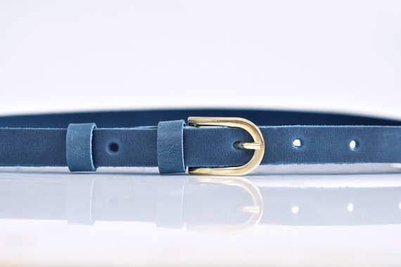 Women's Skinny Gold Buckle Leather Jeans Belt-Cobalt Blue 90