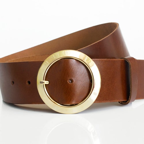 Wide Brown Leather Belt: Handmade Cowhide Belt With Round  display picture 3