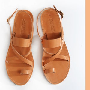 HELLENIC RING, Sandals, Leather Sandals With Cross Strap and Toe Ring ...