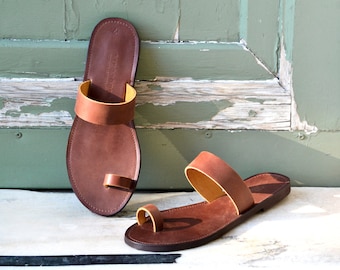 Sandals, Leather sandals, Brown leather sandals, Toe ring sandals, Leren sandalen, Sandales grecques, HELLENIC RING