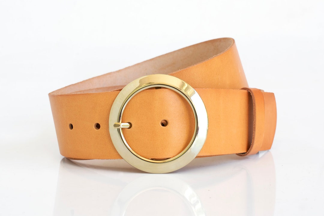 Women\'s chunky wide Brown Leather Round Buckle Belt 29 - 31” Women main image 3
