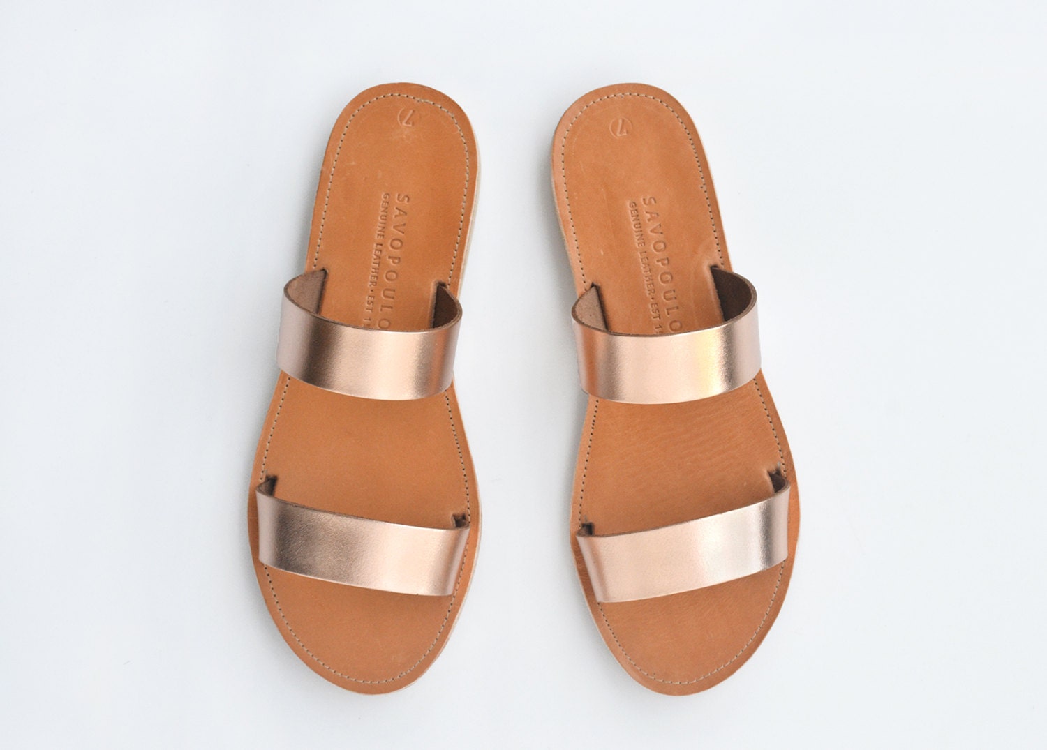 Leather Sandals Two Strap Greek Sandals in Rose Gold Leather 