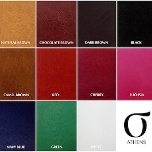 Puede incluir: Una carta de colores que muestra 12 colores de cuero diferentes. Los colores son: marr&oacute;n natural, marr&oacute;n chocolate, marr&oacute;n oscuro, negro, marr&oacute;n camel, rojo, cereza, fucsia, azul marino, verde, blanco. La carta est&aacute; etiquetada con los nombres de los colores y la palabra "ATHENS" en un c&iacute;rculo negro.