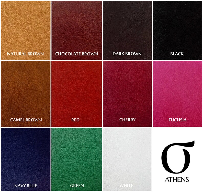 Puede incluir: Una carta de colores que muestra 12 colores de cuero diferentes. Los colores son: marr&oacute;n natural, marr&oacute;n chocolate, marr&oacute;n oscuro, negro, marr&oacute;n camel, rojo, cereza, fucsia, azul marino, verde, blanco. La carta est&aacute; etiquetada con los nombres de los colores y la palabra "ATHENS" en un c&iacute;rculo negro.