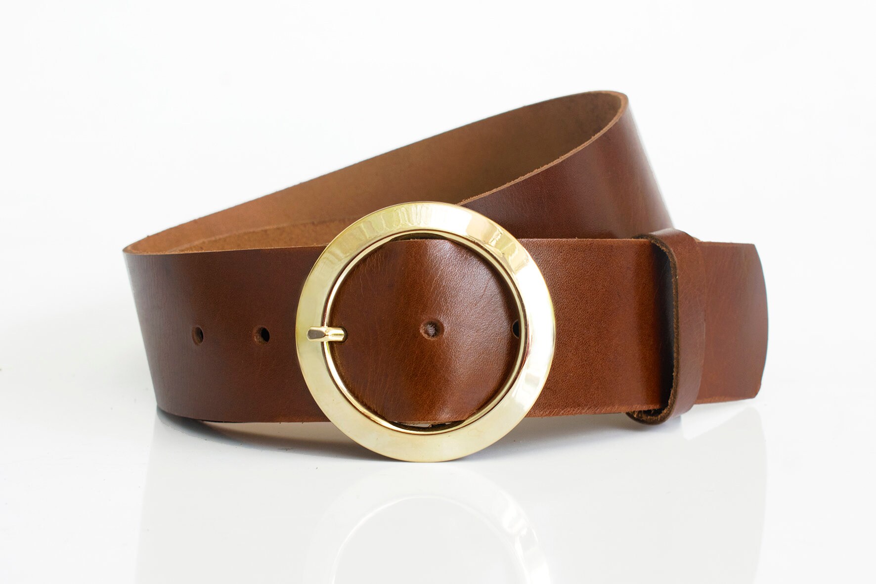 Full Grain Leather Belt for Women with Vintage Circle Buckle, 1.1\