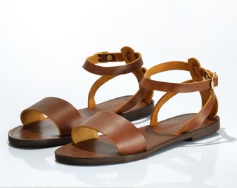 NAFSIKA , Sandalias, Sandalias de cuero, Sandalias de mujer de correa de tobillo mínima en marrón chocolate , Sandalias griegas hechas a mano