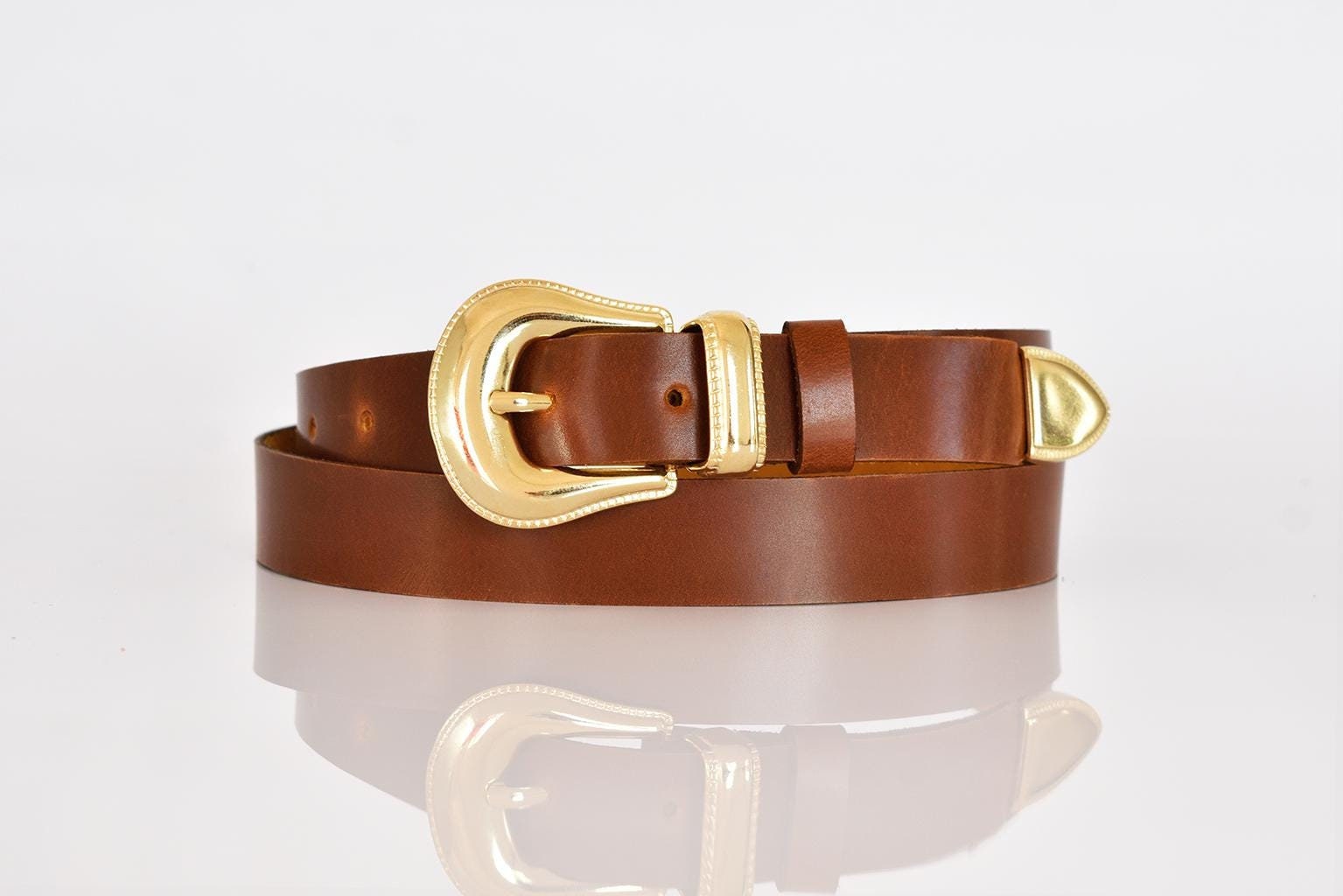 Handmade Brown Leather Western Belt: Gold Buckle, Cowhide 