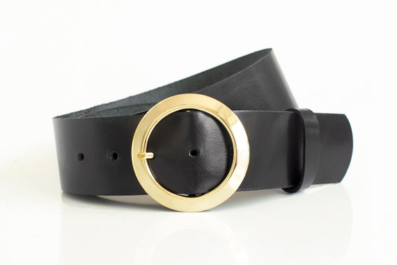 Fashion Women Wide Belt Gold Big Double Pin Buckle Female Black Leather  Belts