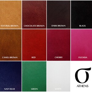 May include: A color chart showing 12 different leather colors, including natural brown, chocolate brown, dark brown, black, camel brown, red, cherry, fuchsia, navy blue, green, white, and the text "ATHENS" with the Greek letter sigma.