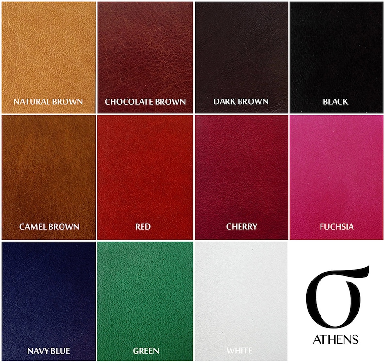 May include: A color chart showing 12 different leather colors, including natural brown, chocolate brown, dark brown, black, camel brown, red, cherry, fuchsia, navy blue, green, white, and the text "ATHENS" with the Greek letter sigma.