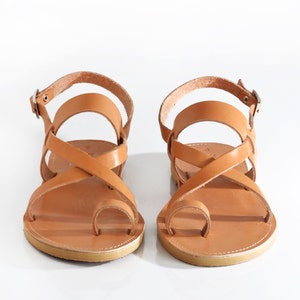 HELLENIC RING, Sandals, Leather sandals with cross strap and toe ring, Greek sandals made in Athens