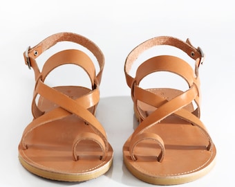 HELLENIC RING, Sandals, Leather sandals with cross strap and toe ring, Greek sandals made in Athens