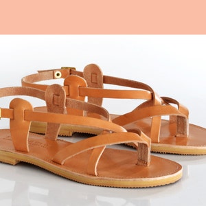 May include: A pair of tan leather sandals with criss-cross straps and a buckle closure. The sandals have a flat sole and a toe loop.