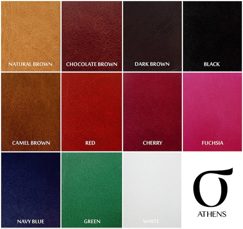 May include: A color chart showing 12 different leather colors. The colors are: natural brown, chocolate brown, dark brown, black, camel brown, red, cherry, fuchsia, navy blue, green, white. The chart is labeled with the color names and the word "ATHENS" in a black circle.