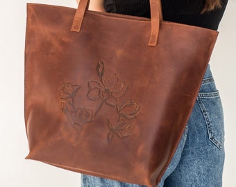Personalized Tote Bag Aesthetic, Leather Tote Bag, Orchids Pattern,  Shoulder Bag, Luxury Handbag, 21st Birthday Gift for Her, Cute Tote Bag