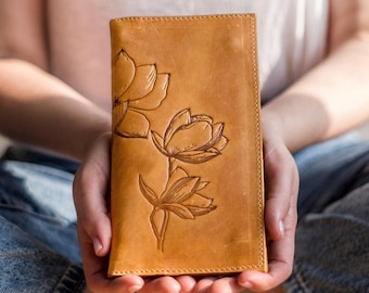 Personalized Leather Yellow Wallet Women Unique Floral Slim Long Boho Vintage Credit Card Iphone Gift Custom Embossed Pattern Flower Picture