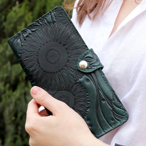 Personalisierte einzigartige grüne Sonnenblume Brieftasche geprägt Muster lange Reise Frauen niedlich lange handgefertigte Blumen Blume Kundenexklusiv