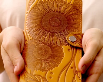 Cartera de cuero con girasoles personalizada, billetera delgada para mujer, grande, larga, hecha a mano, con estampado floral en relieve, regalo personalizado para mamá