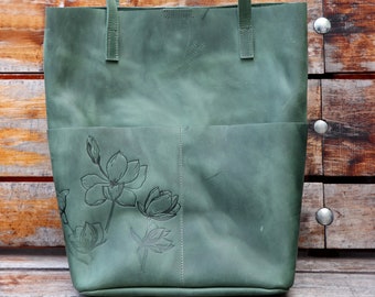 Personalized Green Tote Bag with Makeup Bag, Leather Tote Bag, Leather Satchel, Orchids, Cute Tote Bag, Handbag, 21st Birthday Gift or Her