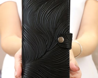 Personalized Exclusive Leather Wallet Black Moneyholder 30th Birthday Gift Slim Womens Embossed Pattern Long Handmade Dune Unique