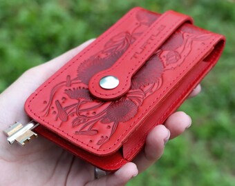 Red Leather Sunflower Keychain Wristlet Key Holder Gift Embossed Pattern Handmade